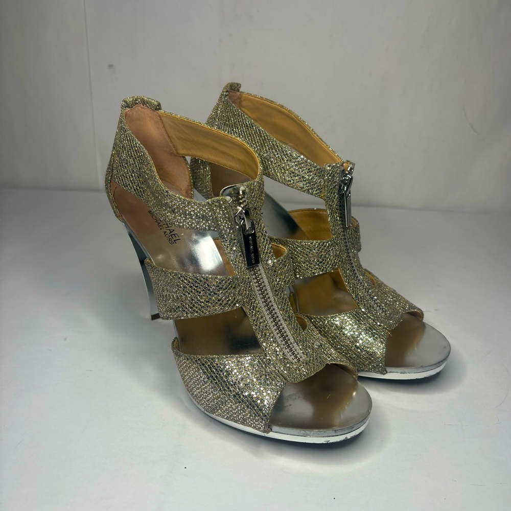 Michael Kors Berkley Silver Glitter Leather Zip Peep Toe T Strap Sandals Heels - Picture 6 of 12